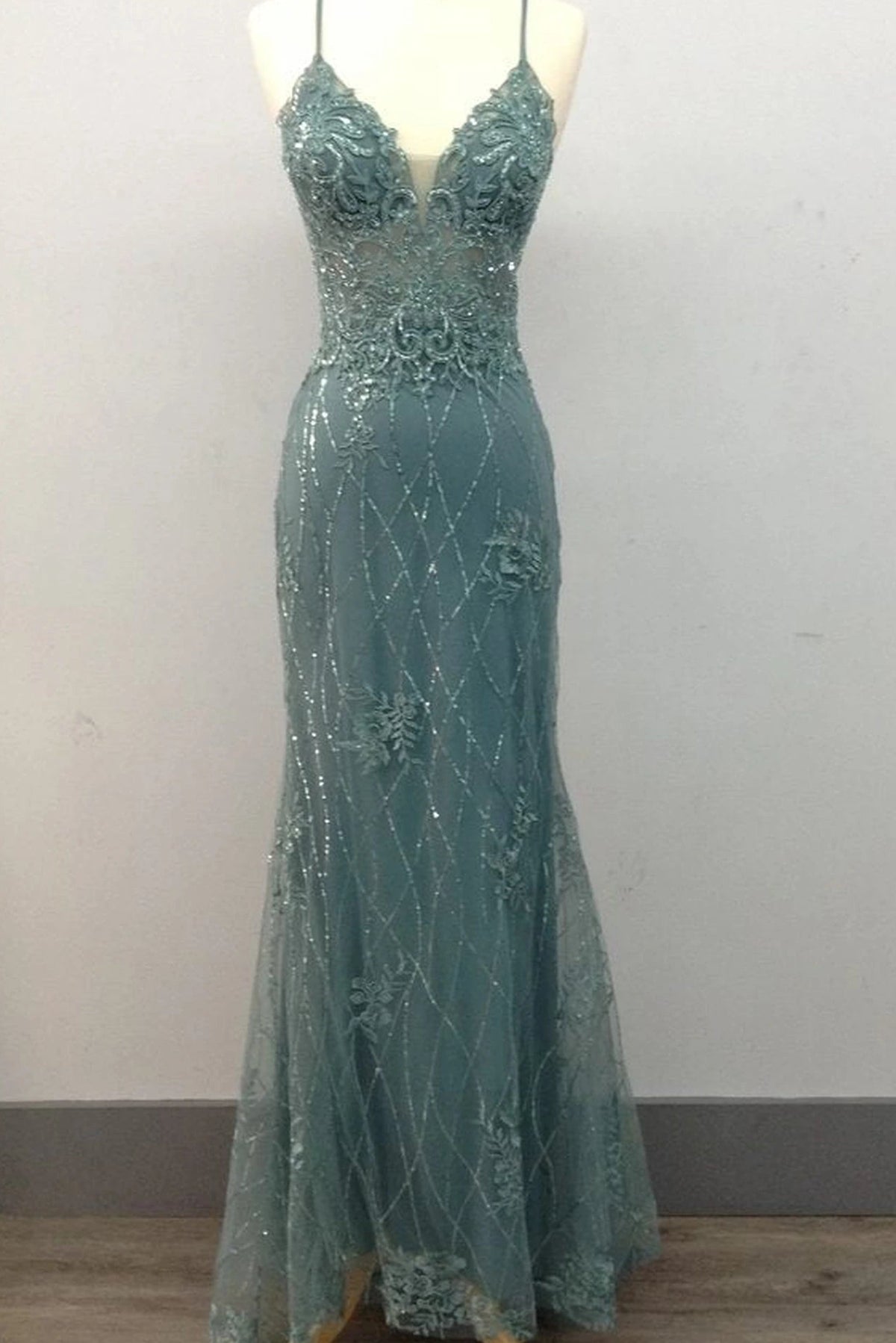 From the front, the Sage prom dress reveals its floor-length skirt.