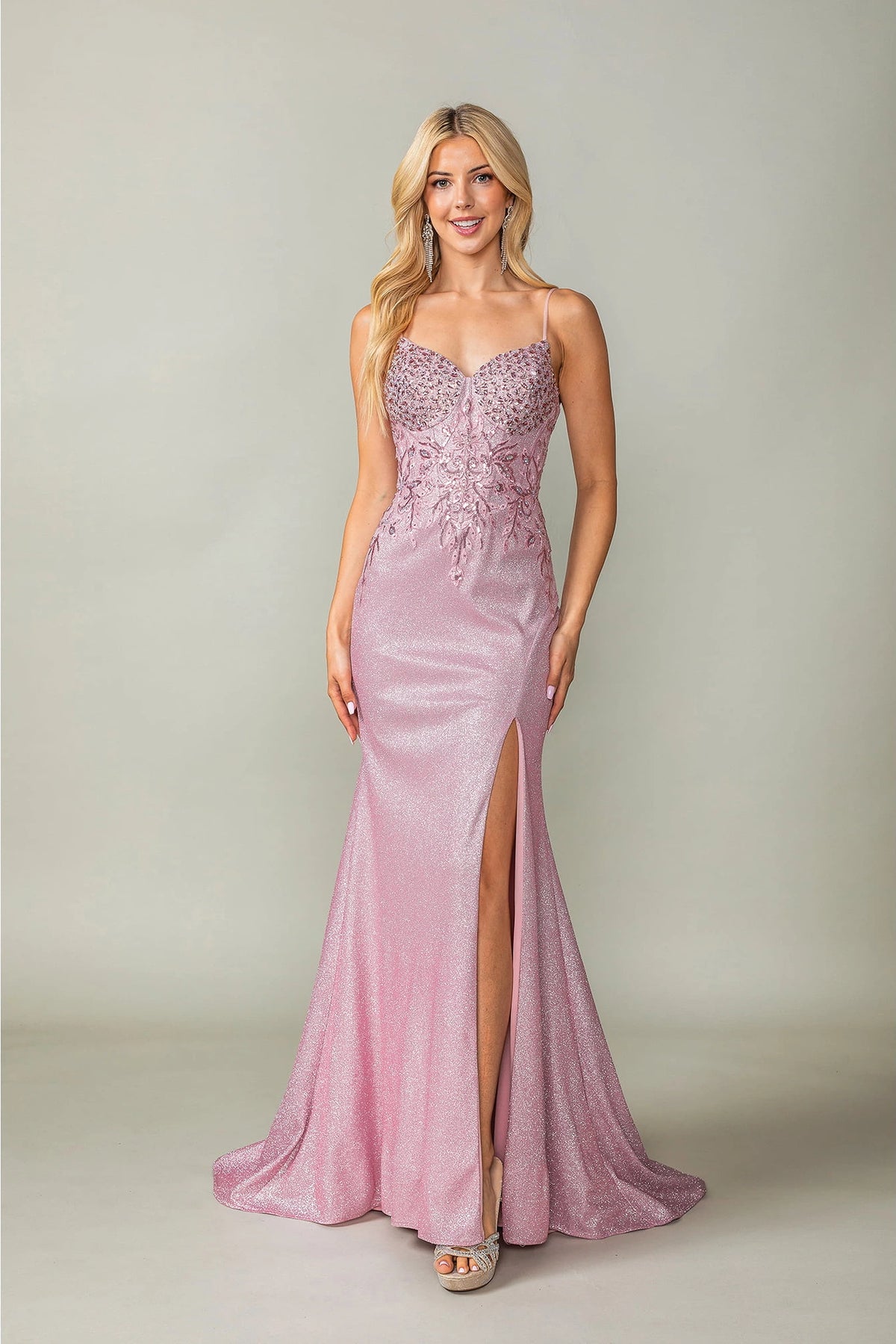 Featuring a floor-length skirt, this Rose Gold prom dress is shown in full view.