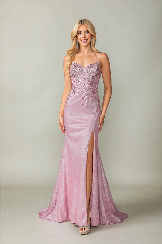 Featuring a floor-length skirt, this Rose Gold prom dress is shown in full view.