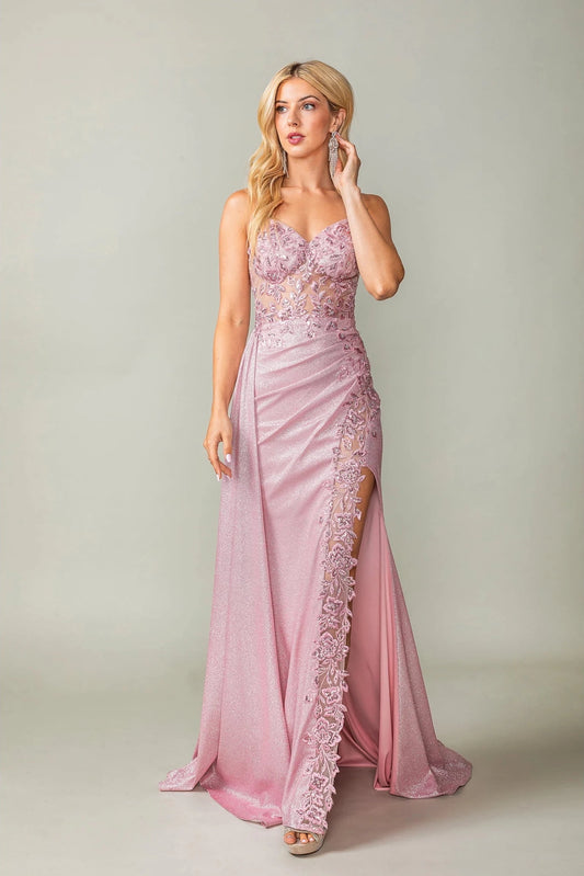 Featuring a floor-length skirt, this Blush prom dress is shown in full view.