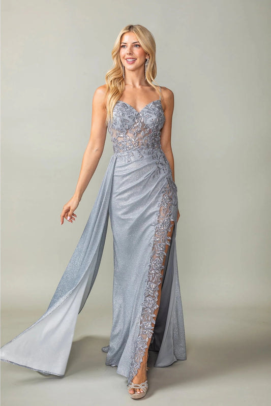 Featuring a floor-length skirt, this Silver prom dress is shown in full view.