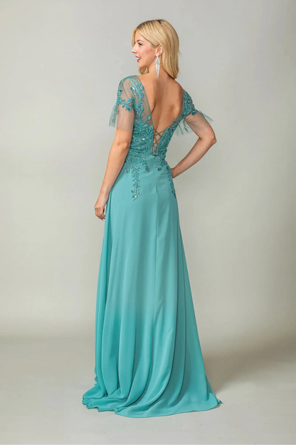 Back full Length view of Romantic Sage Flutter Sleeve Prom Dress with Applique