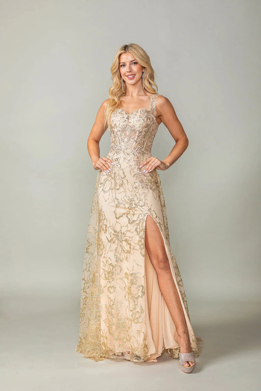 Featuring a floor-length skirt, this Gold prom dress is shown in full view.
