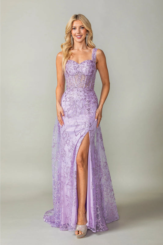 Featuring a floor-length skirt, this Lilac prom dress is shown in full view.