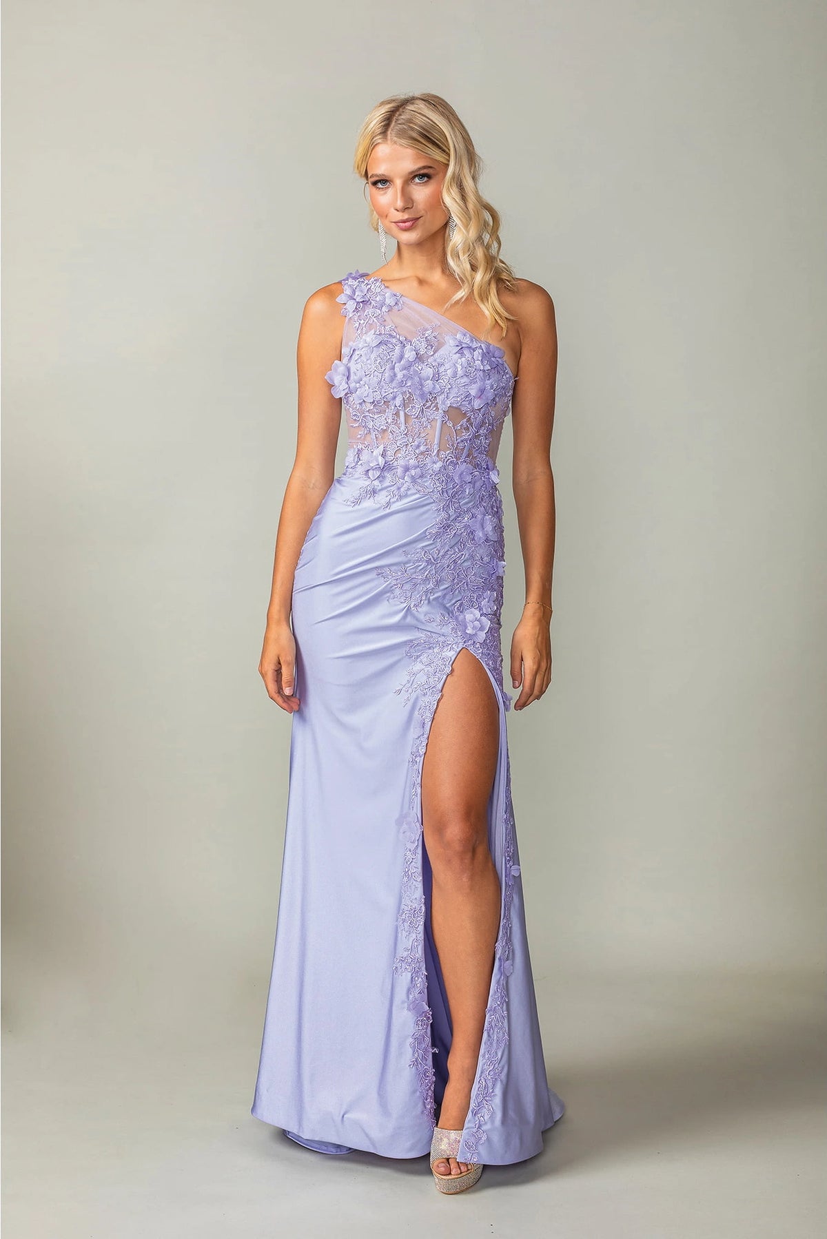 Featuring a floor-length skirt, this Lilac prom dress is shown in full view.