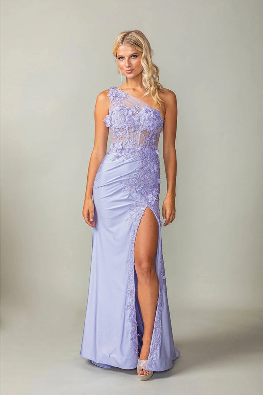 Featuring a floor-length skirt, this Lilac prom dress is shown in full view.