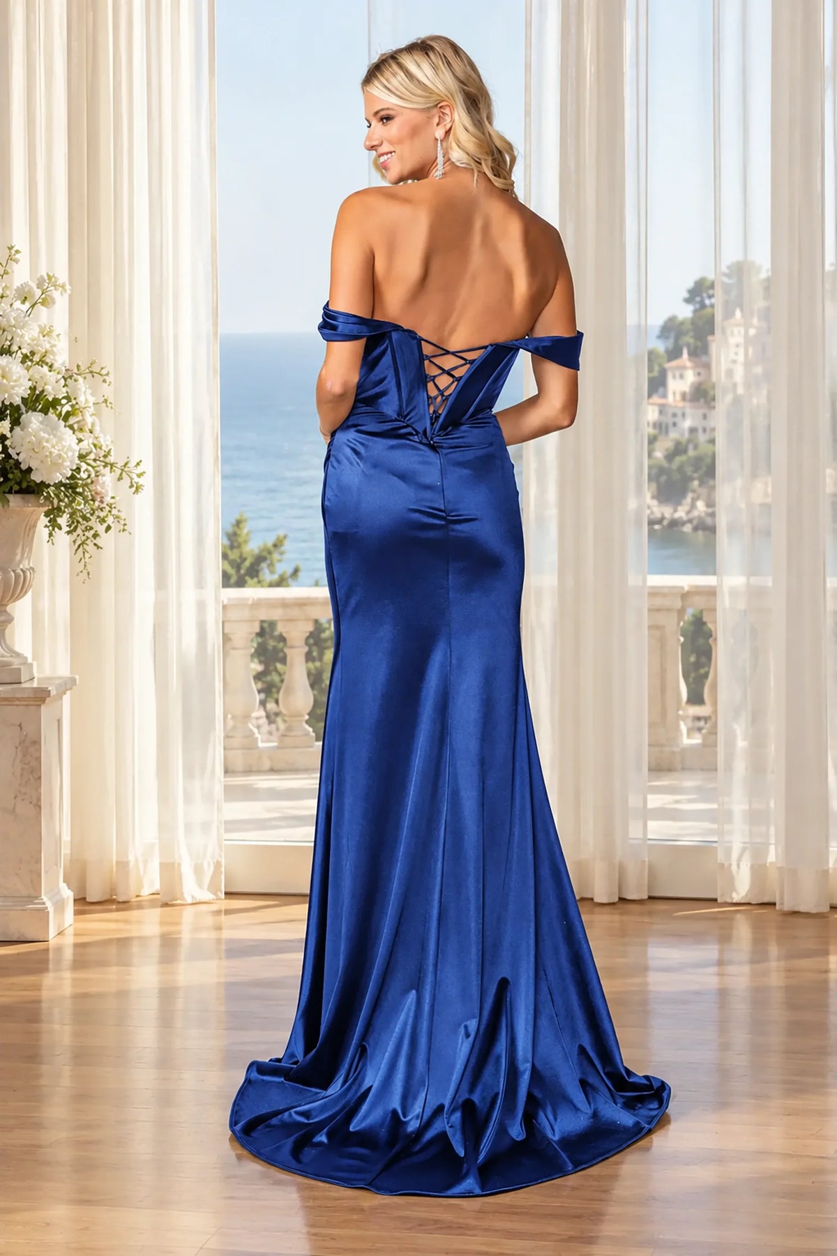 Lace-up back and sweeping train complete the Royal Blue Off-the-Shoulder Corset Bodice Prom Dress.
