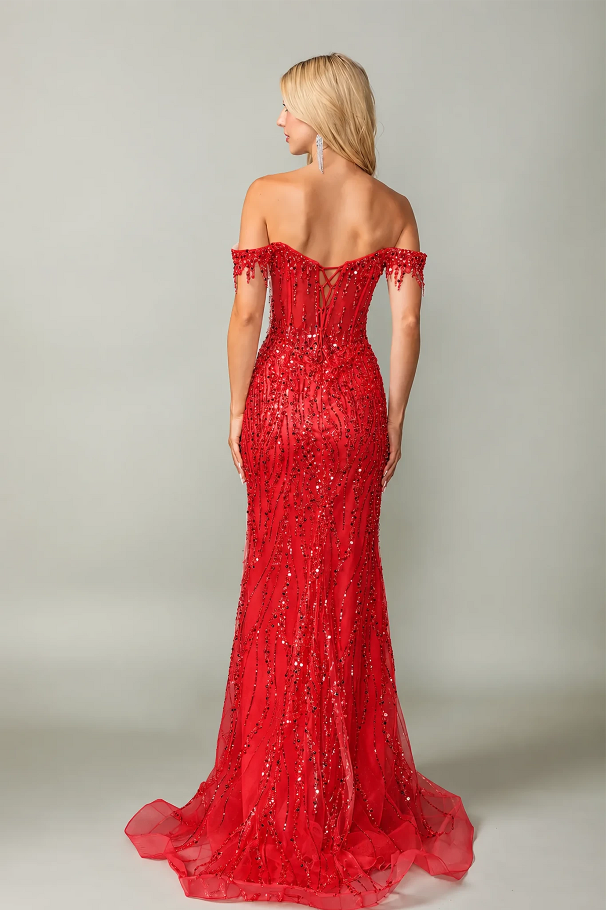 red off-the-shoulder evening gown with sequined beaded detailing and lace up back