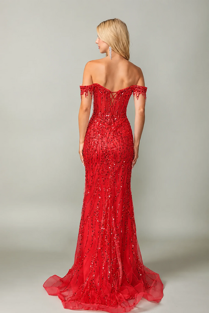 red off-the-shoulder evening gown with sequined beaded detailing and lace up back