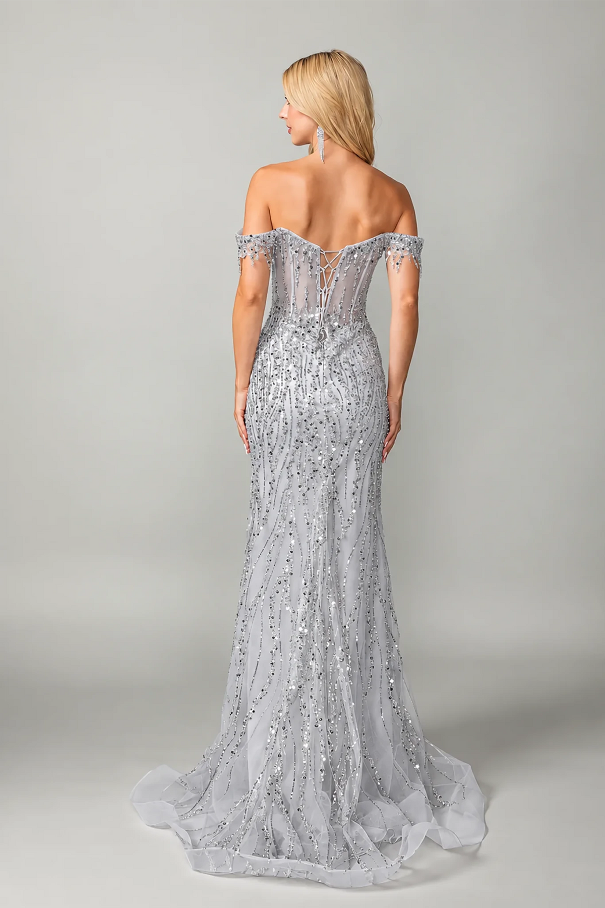 off-the-shoulder silver sequined evening gown with lace up back