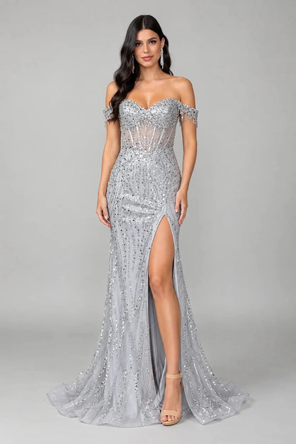 a floor-length off-the-shoulder evening gown covered in silver sequins and beads, high front slit, and slight train