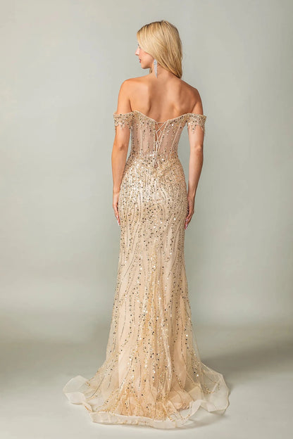 Back full Length view of Charming Champagne Beaded Off-Shoulder Mermaid Prom Dress