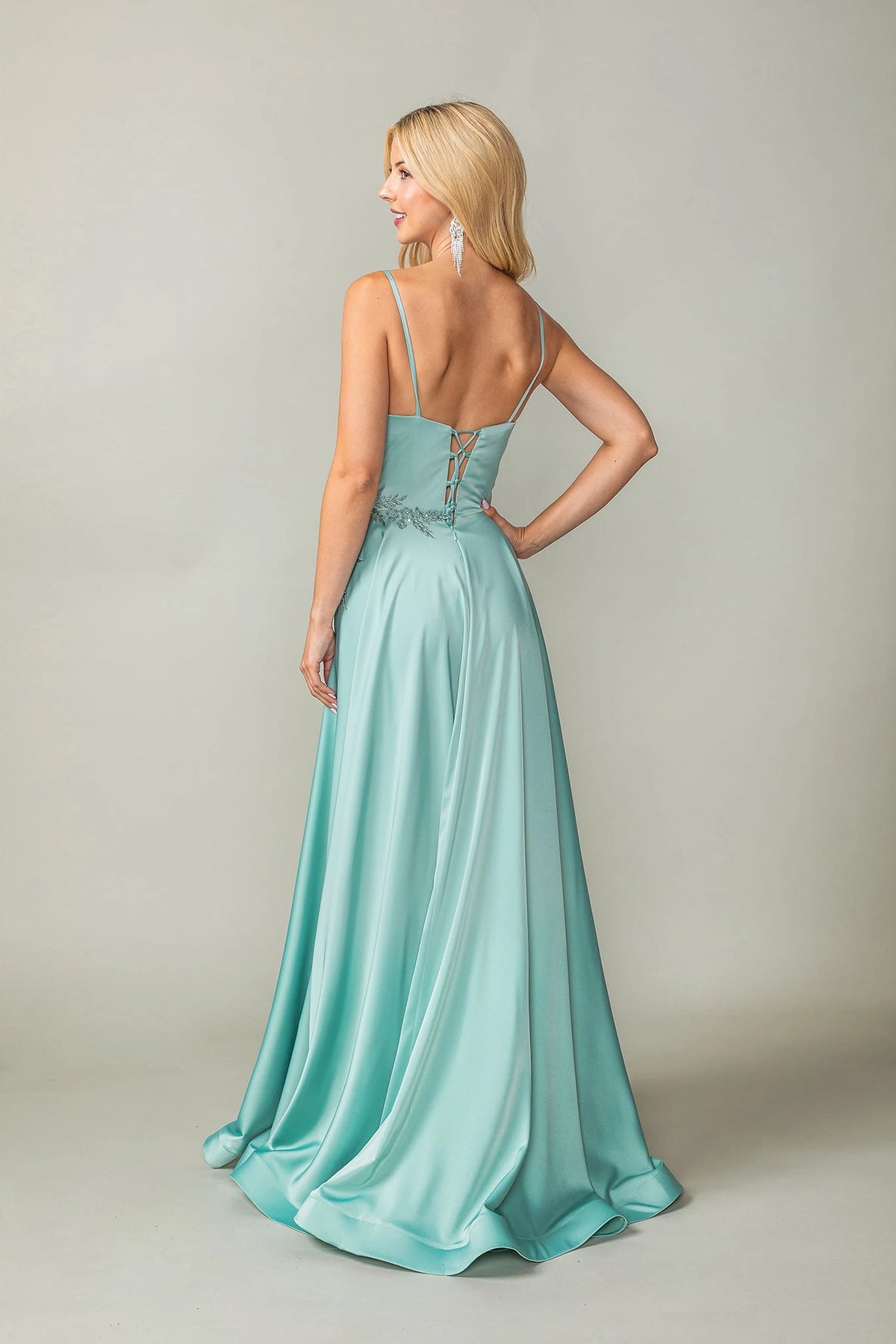 From the back, the Sage prom dress reveals its floor-length skirt.