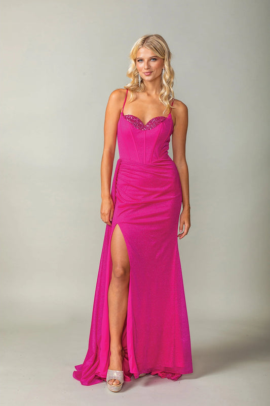 Featuring a floor-length skirt, this Fuchsia prom dress is shown in full view.