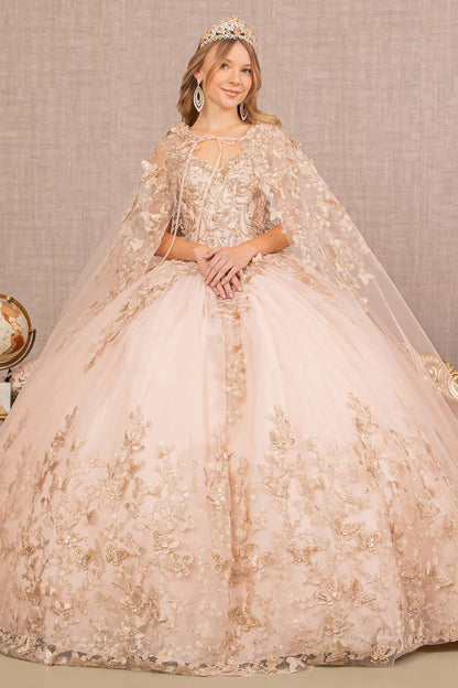 Quinceañera | Rose Gold Champagne Jewel Mesh 3D Butterfly Appliqués Quince Dress with Long Mesh Cape | Paloma dress front view