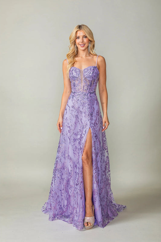Featuring a floor-length skirt, this Lilac prom dress is shown in full view.