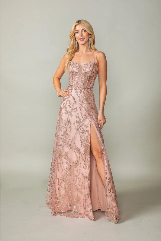 Featuring a floor-length skirt, this Rose Gold prom dress is shown in full view.