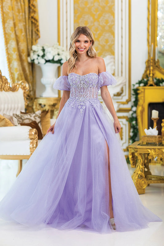 Featuring a floor-length skirt, this Lilac prom dress is shown in full view.