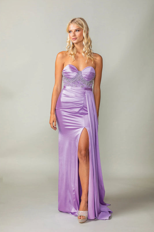 Featuring a floor-length skirt, this Lilac prom dress is shown in full view.