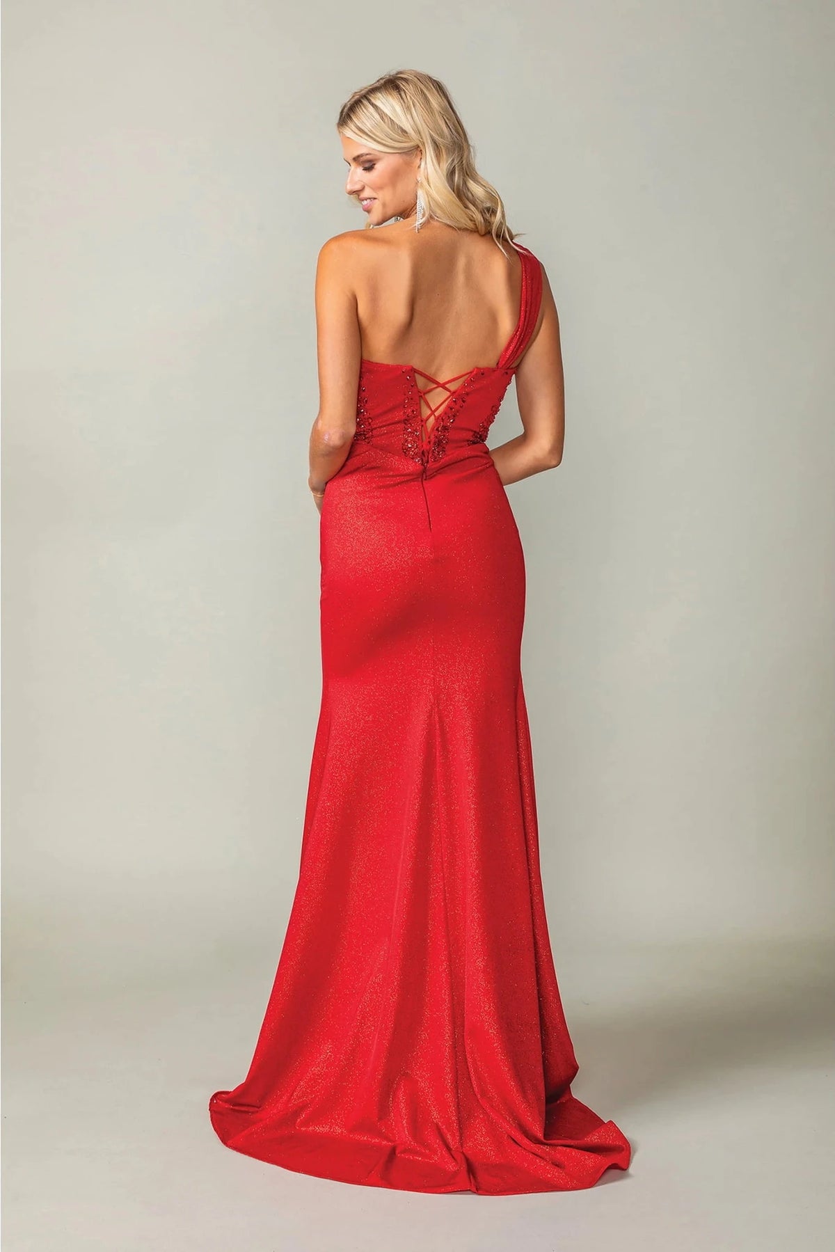 Lace-up back and sweeping train complete the Red One-Shoulder Glitter Prom & Evening Dress.