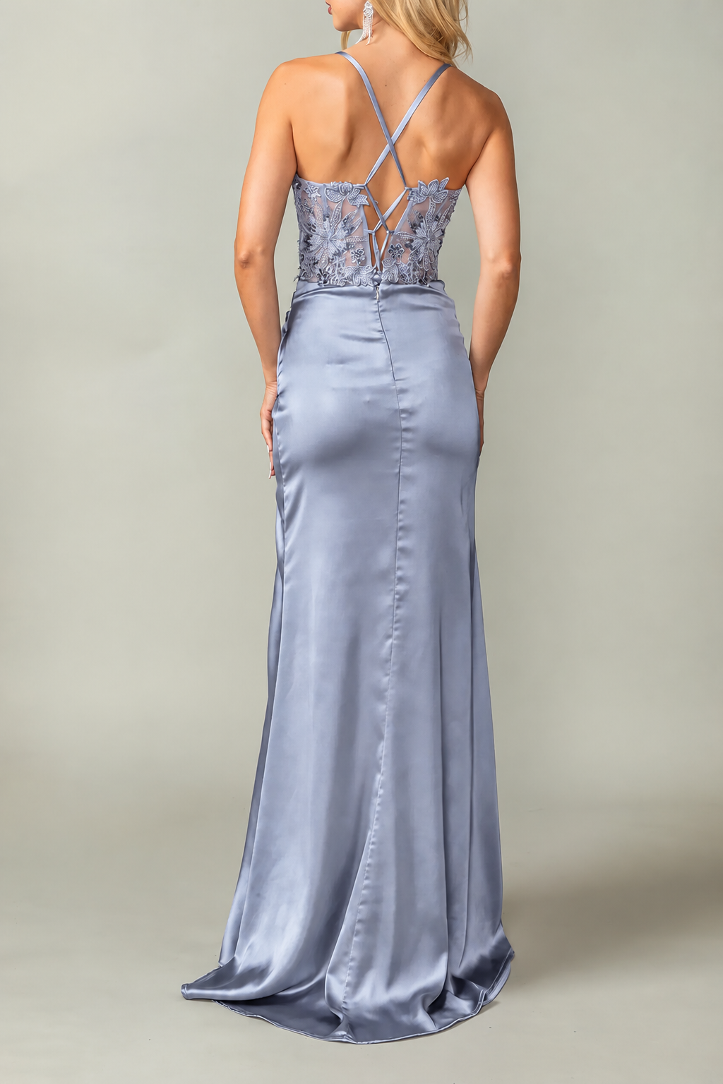 Sheer embroidered back and slim straps complete the Silver Beaded Prom Dress.