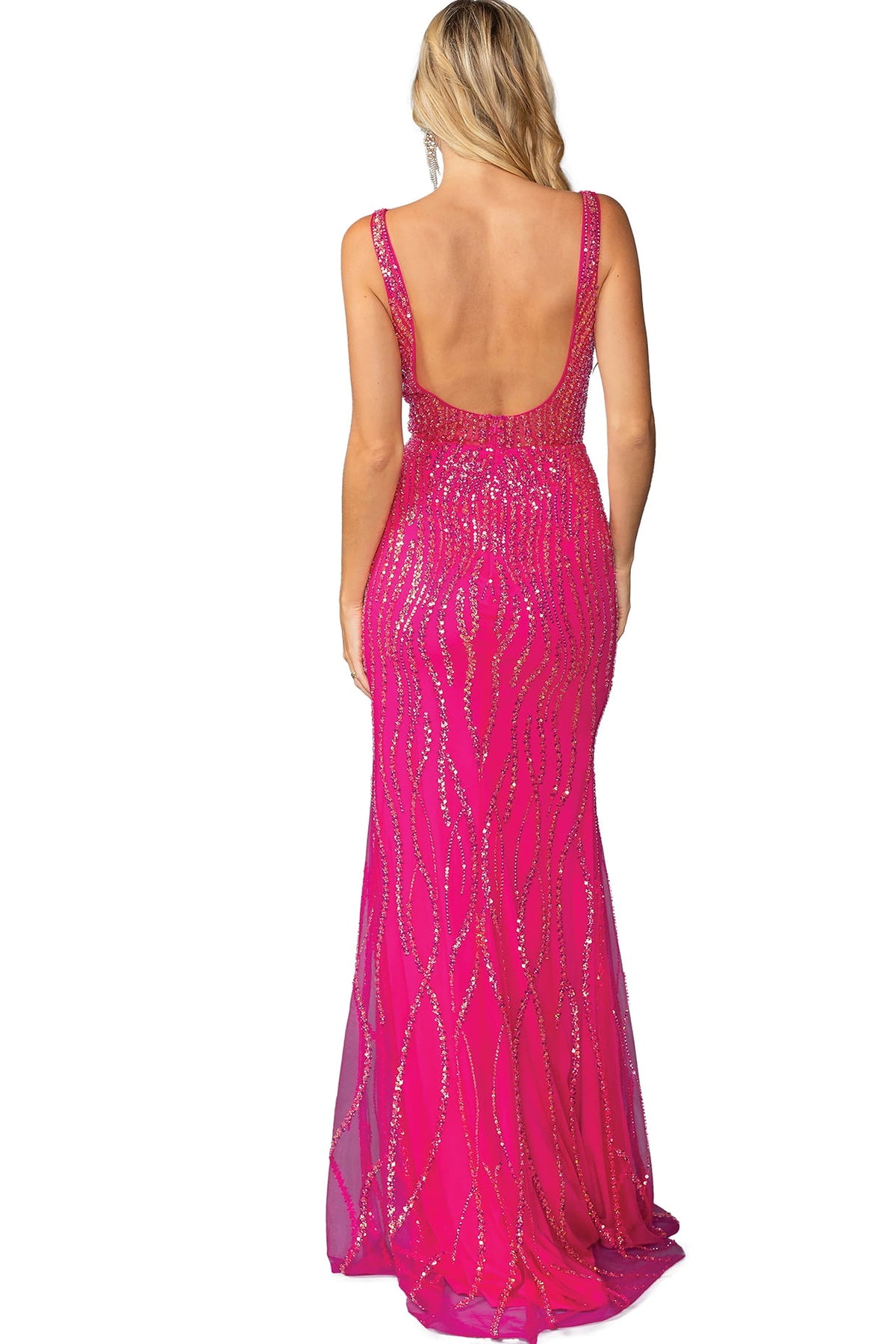 From the back, the Fuchsia prom dress reveals its floor-length skirt.