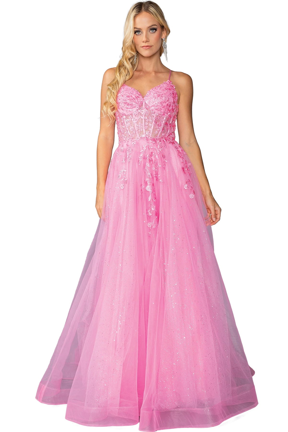 Featuring a floor-length skirt, this Blush prom dress is shown in full view.