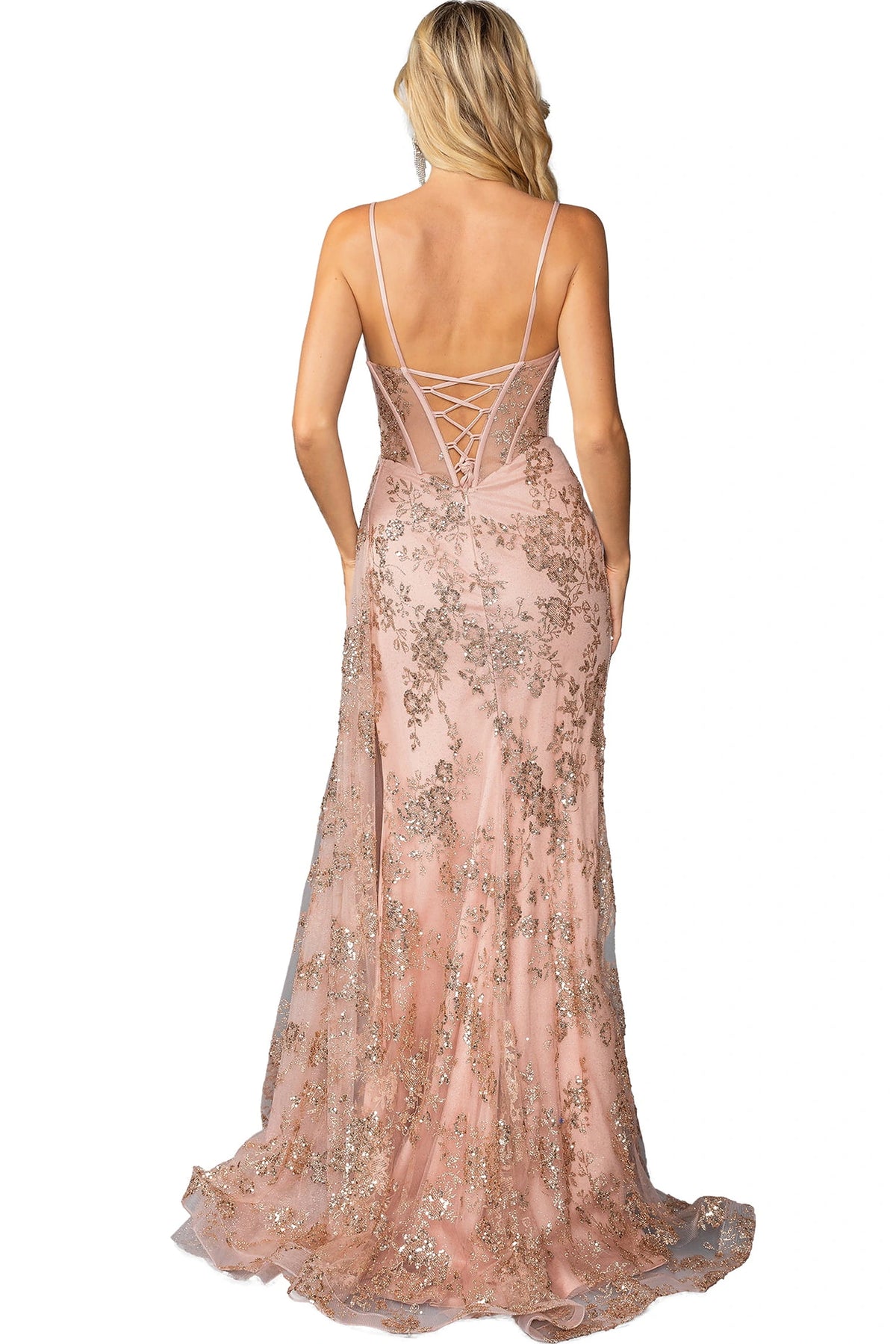 Showing its floor-length skirt, the Rose Gold prom dress highlights the garment construction.