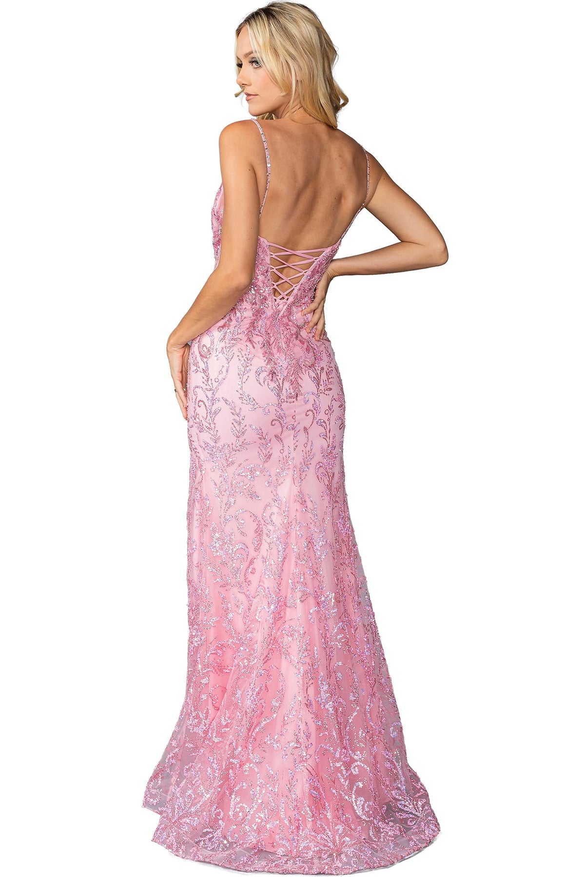 Showing its floor-length skirt, the Blush prom dress highlights the garment construction.
