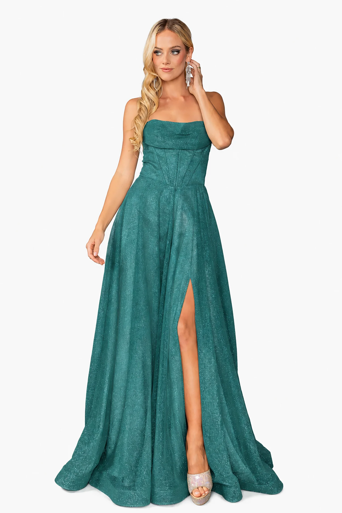 Straight neckline and thigh-high slit define the Hunter Green Shimmering Prom Dress.