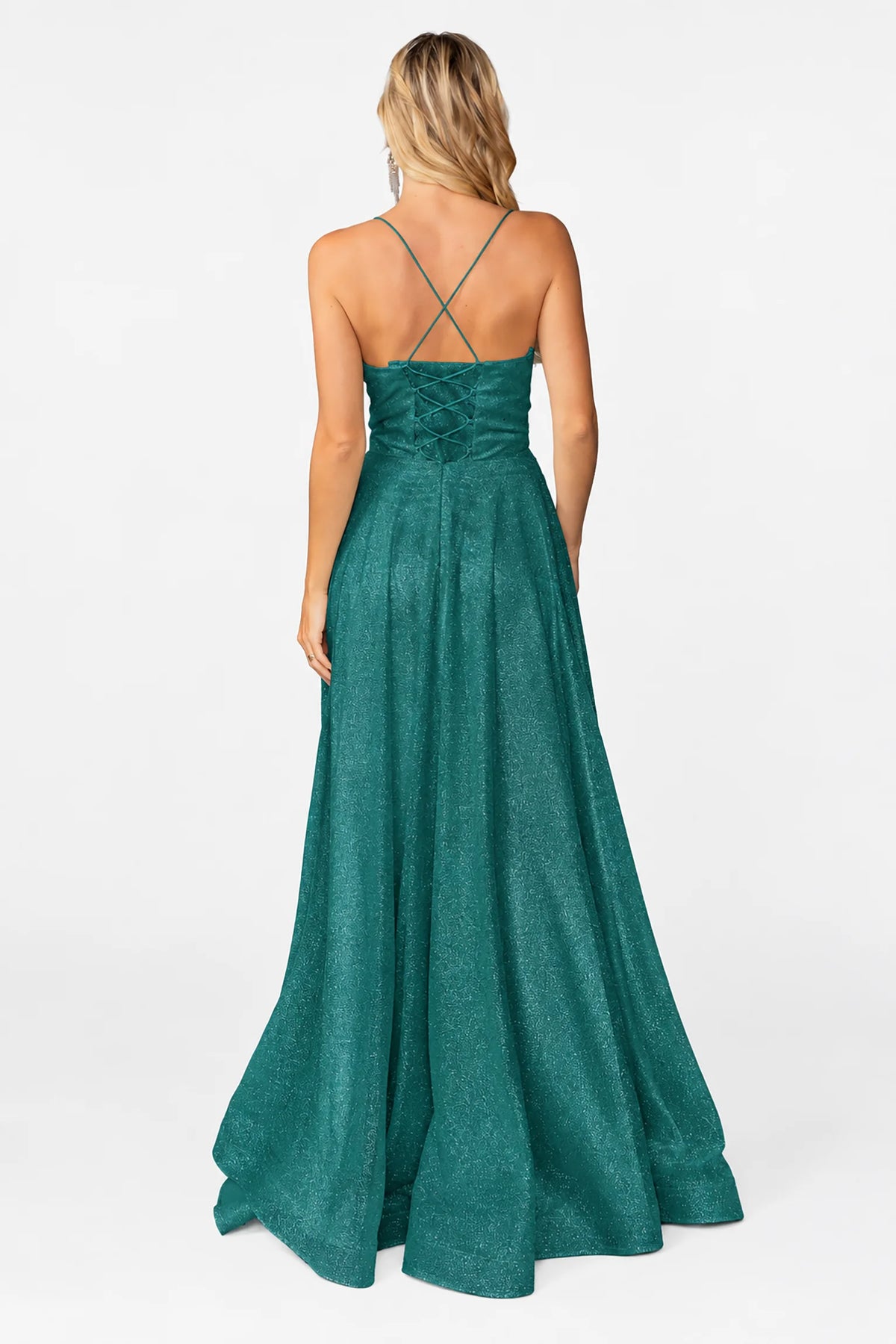 Crossed straps and flowing skirt complete the Hunter Green Shimmering Prom Dress.