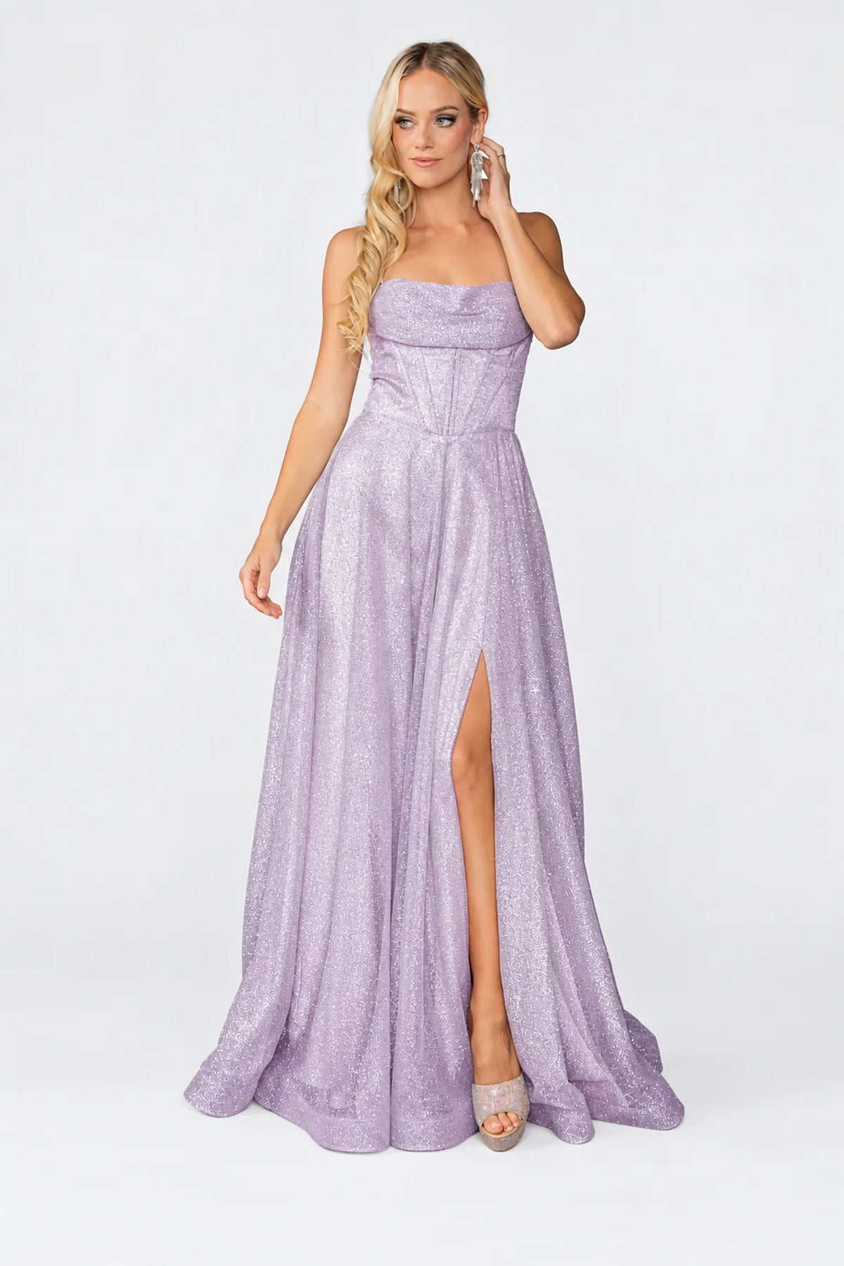 Straight neckline and thigh-high slit define the Lilac Shimmering Prom Dress.