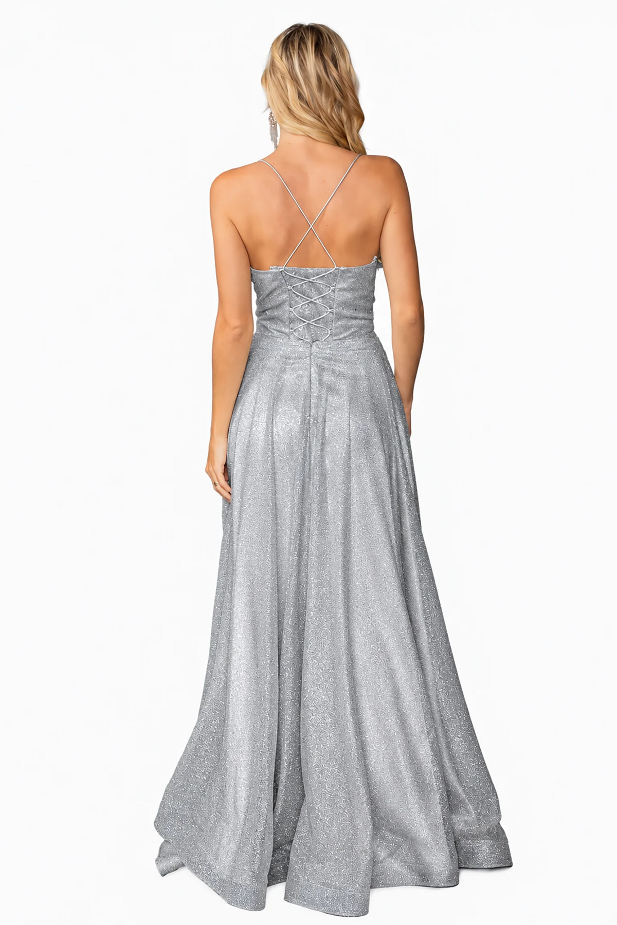 Crossed straps and flowing skirt complete the Silver Shimmering Prom Dress.