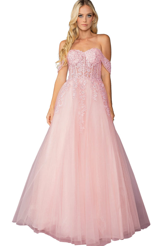 Featuring a floor-length skirt, this Blush prom dress is shown in full view.