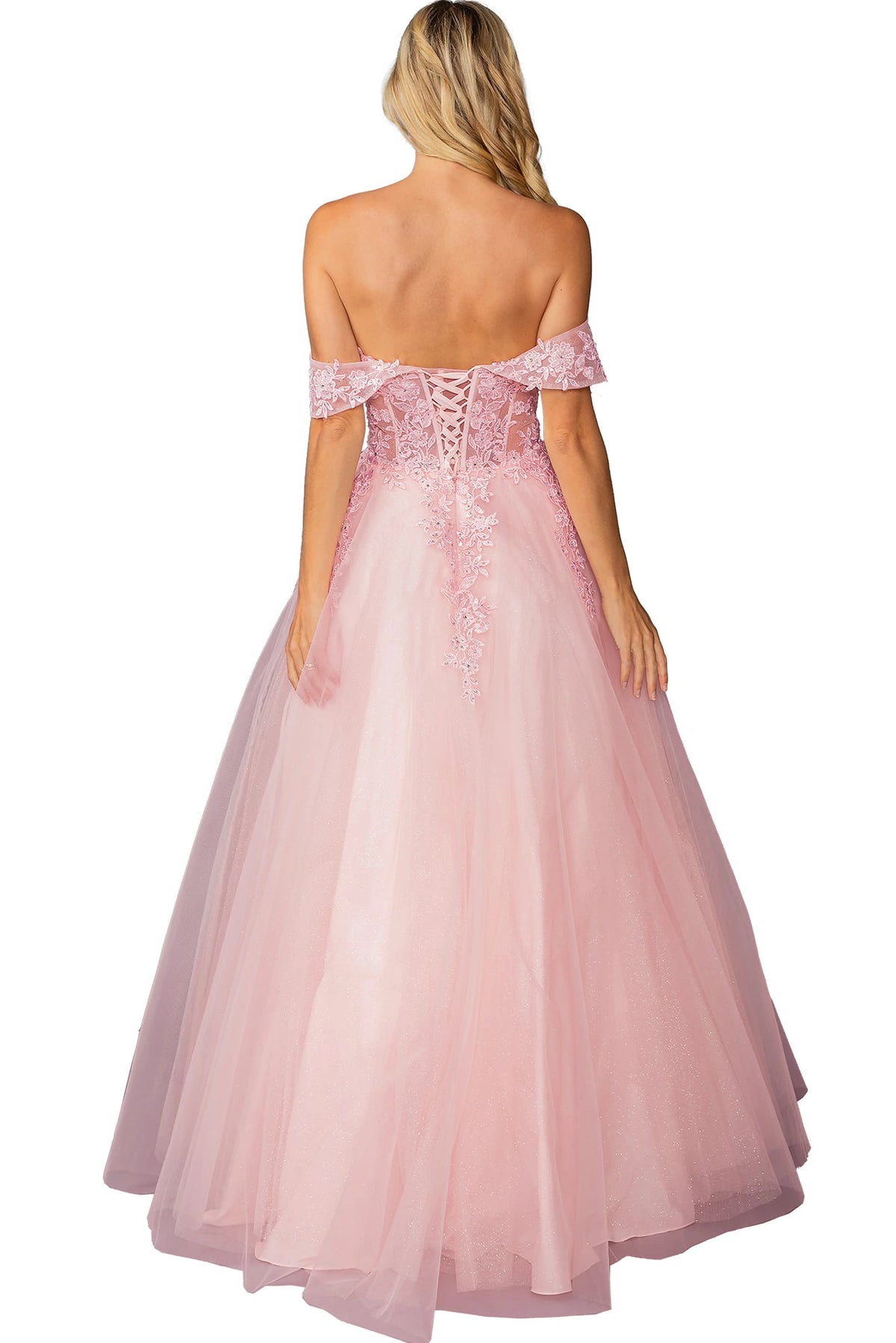 From the back, the Blush prom dress reveals its floor-length skirt.