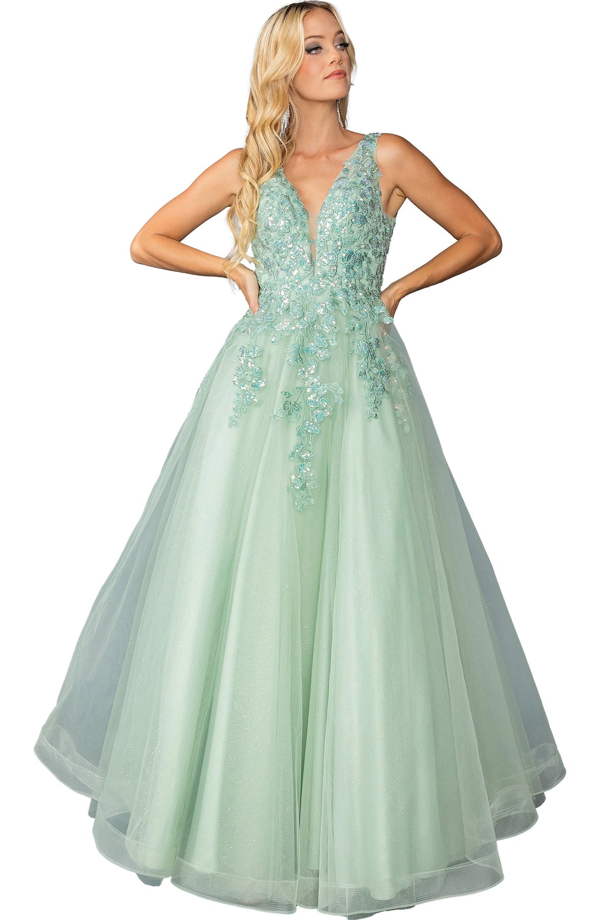 Featuring a floor-length skirt, this Sage prom dress is shown in full view.