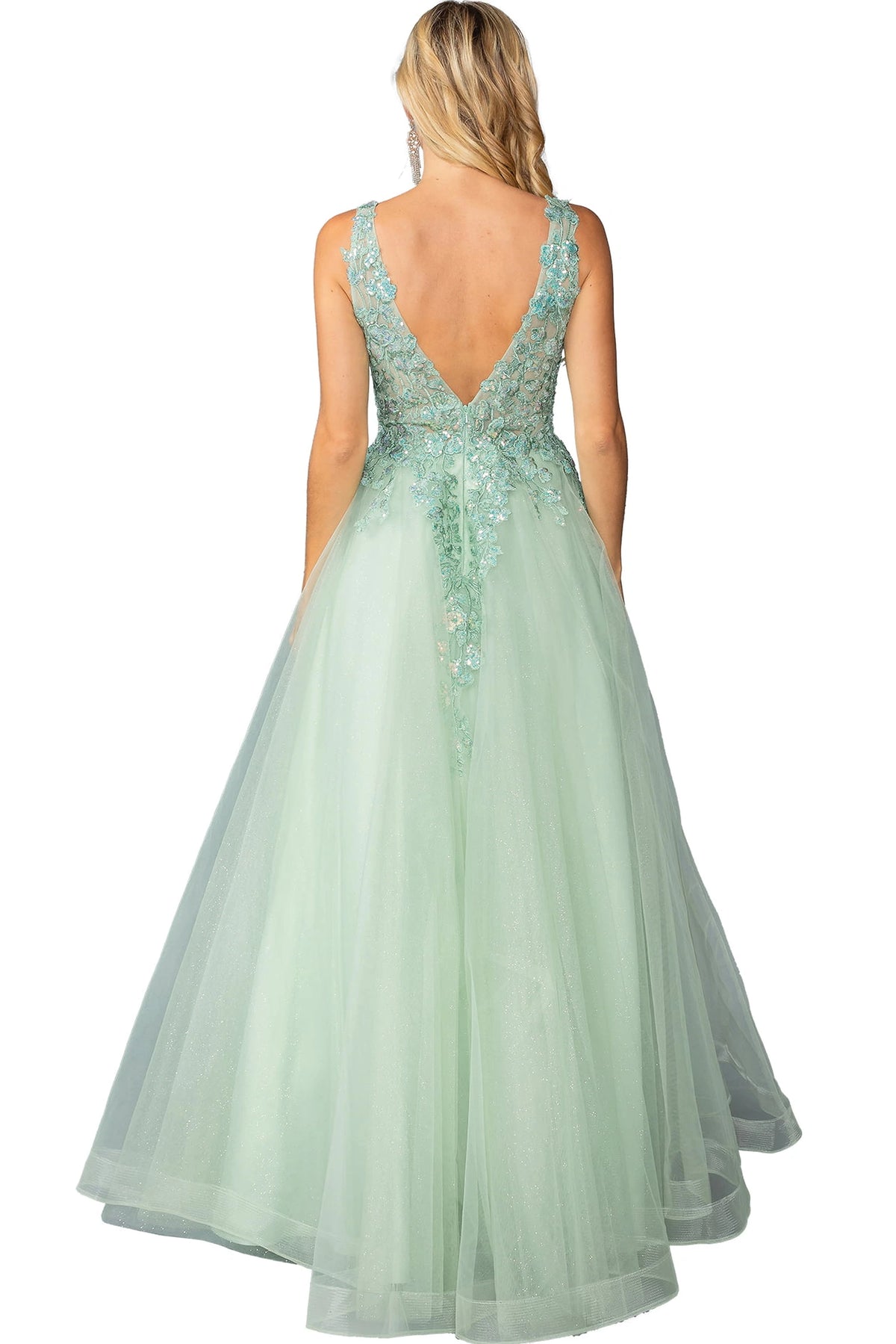 From the back, the Sage prom dress reveals its floor-length skirt.