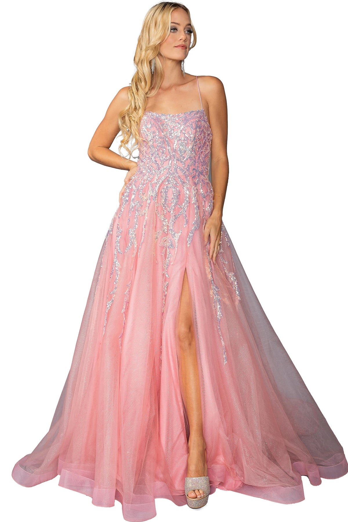 Featuring a floor-length skirt, this Dark Blush prom dress is shown in full view.