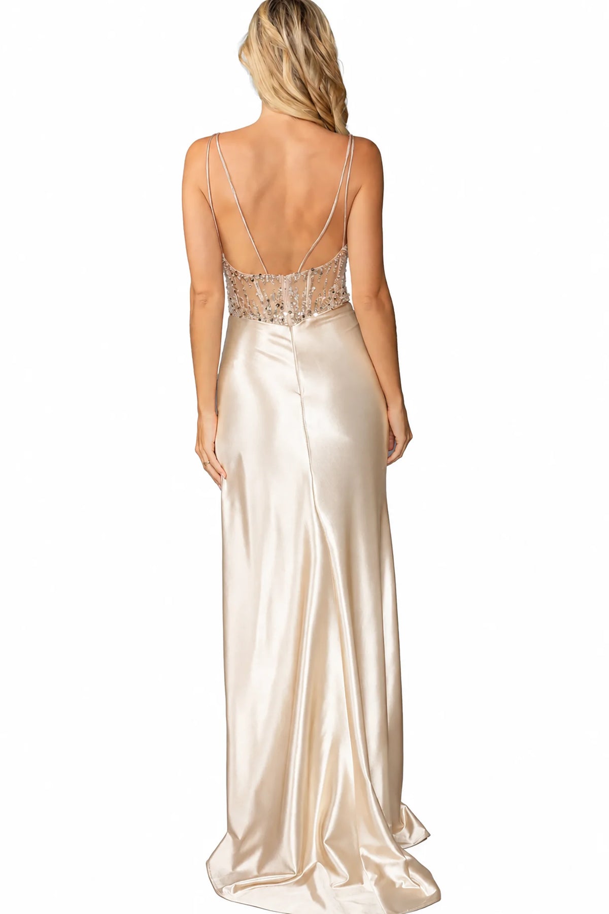 Open back and embellished waist complete the Champagne Beaded Prom Dress.
