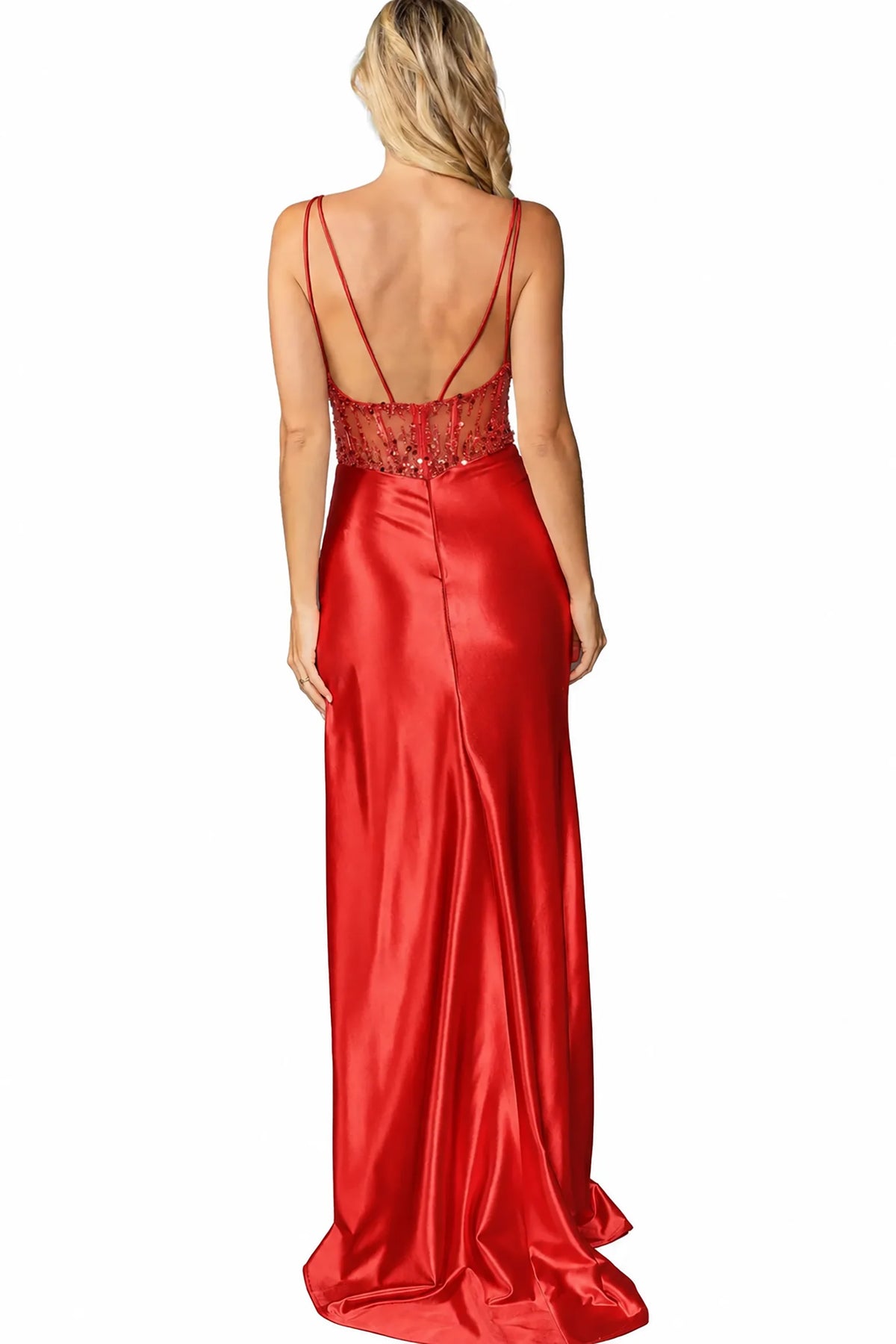 Open back and embellished waist complete the Red Beaded Prom Dress.