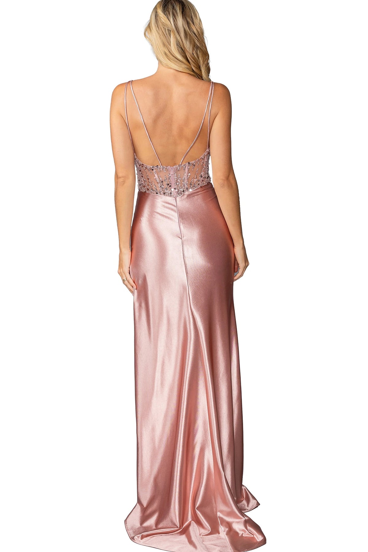 From the back, the Rose Gold prom dress reveals its floor-length skirt.