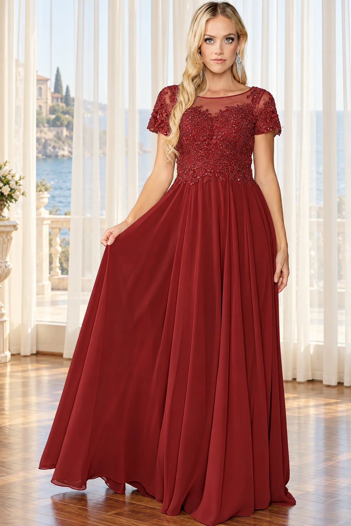 Short sleeves and lace bodice highlight the Burgundy Beaded Prom Dress.