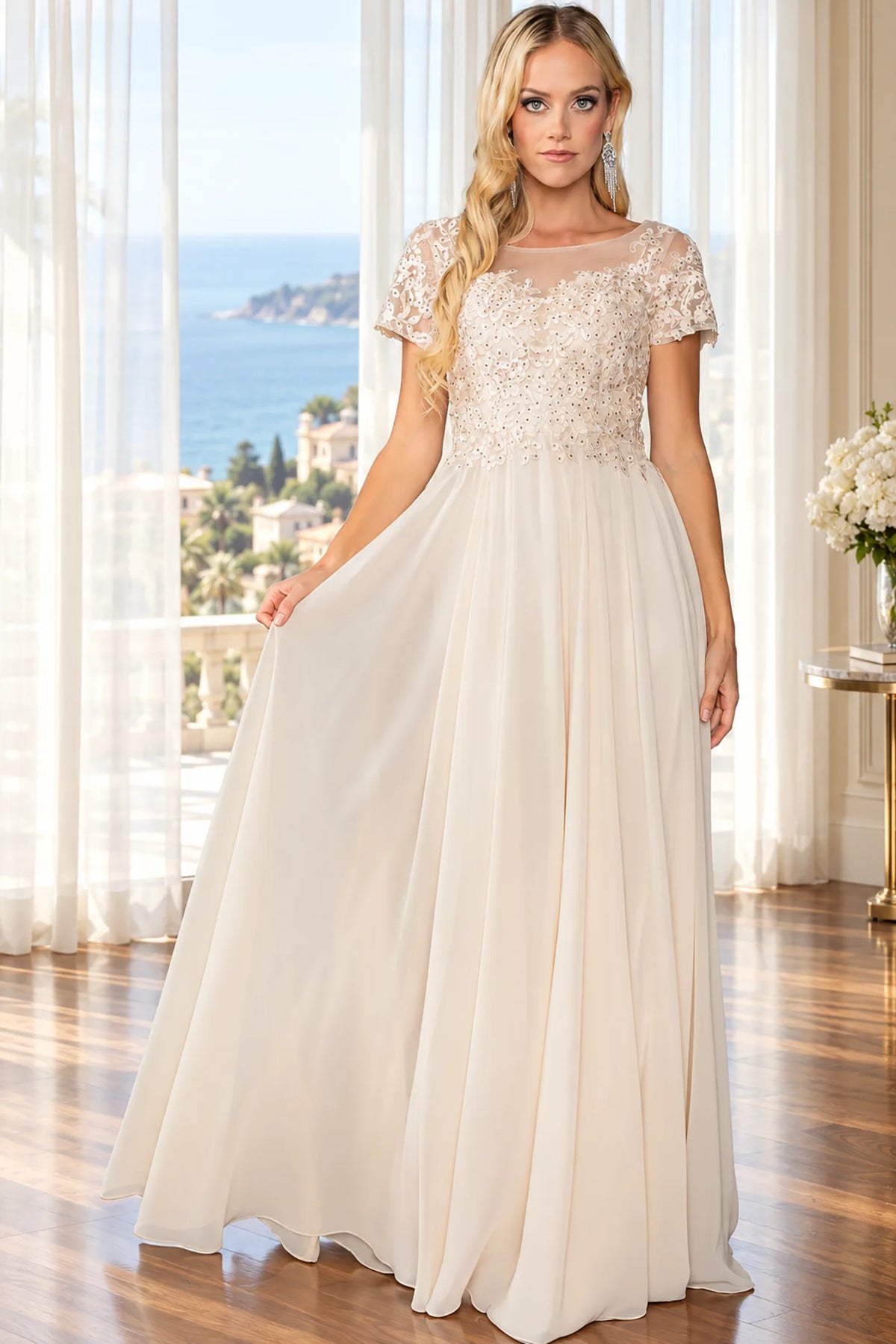 floor-length champagne cream chiffon gown with a beaded lace bodice and short flutter sleeves