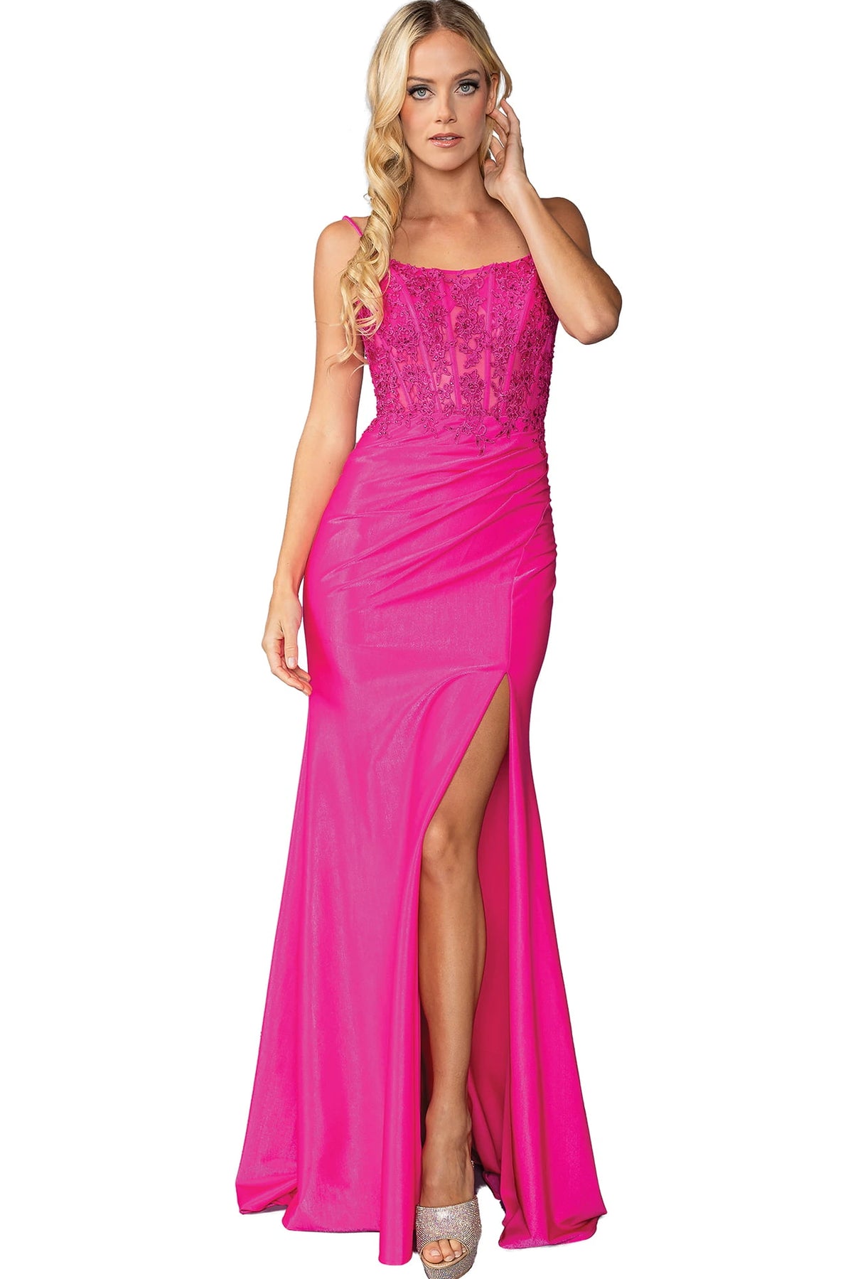 Featuring a floor-length skirt, this Fuchsia prom dress is shown in full view.