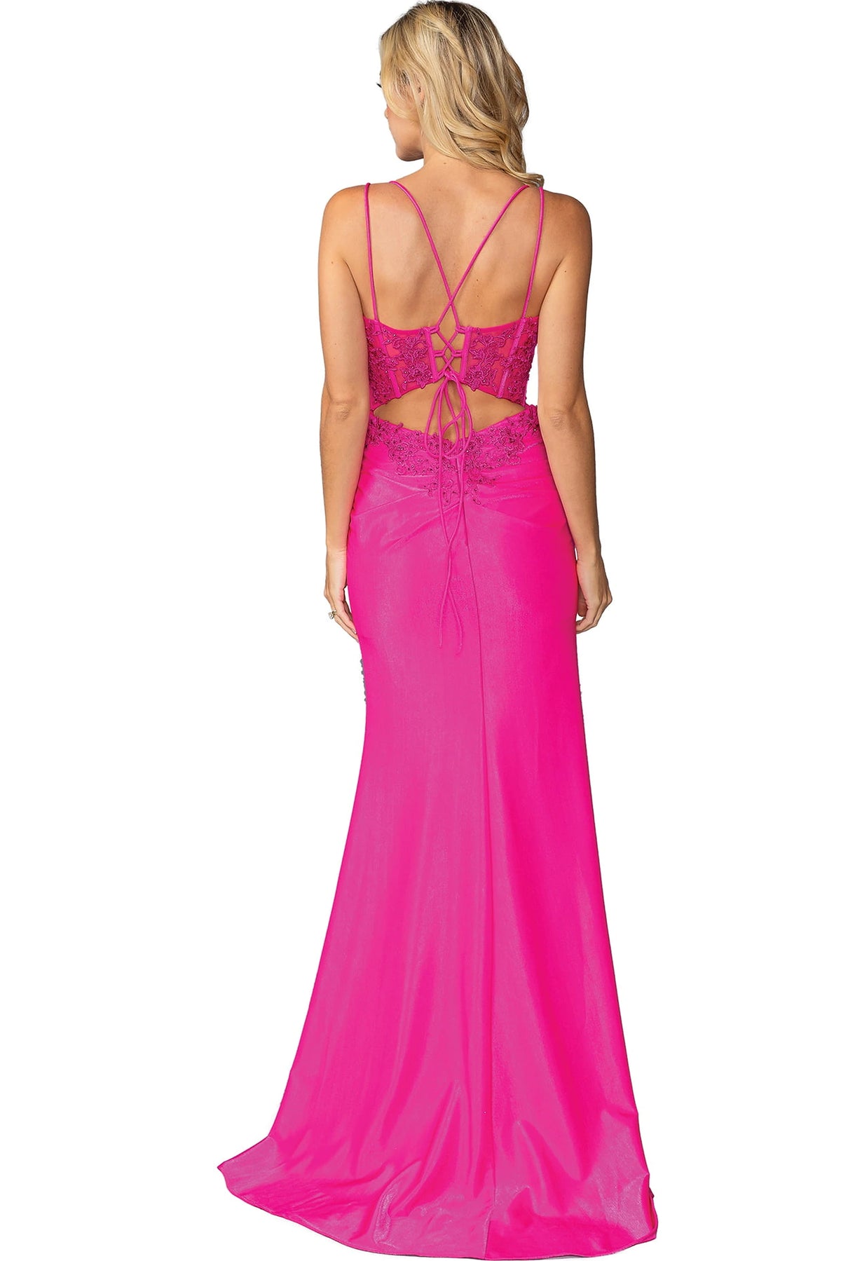 From the back, the Fuchsia prom dress reveals its floor-length skirt.