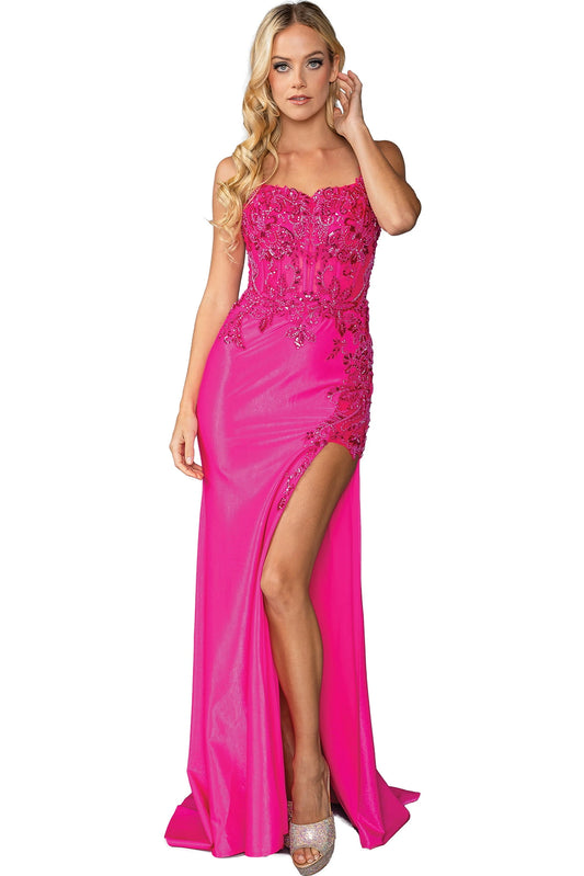 Featuring a floor-length skirt, this Fuchsia prom dress is shown in full view.