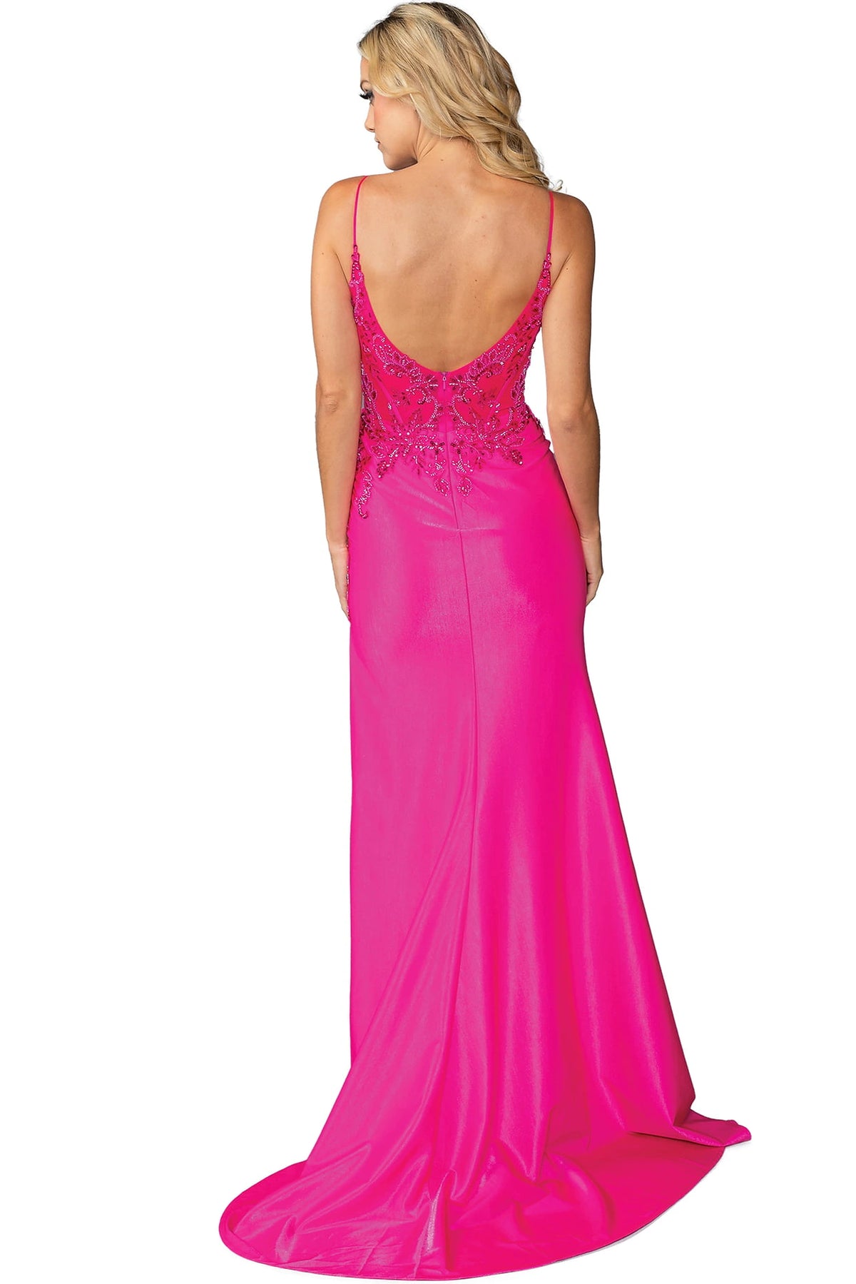 Showing its floor-length skirt, the Fuchsia prom dress highlights the garment construction.