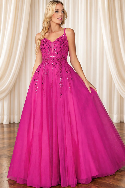 fuchsia pink ball gown with a sequined bodice and a full tulle skirt