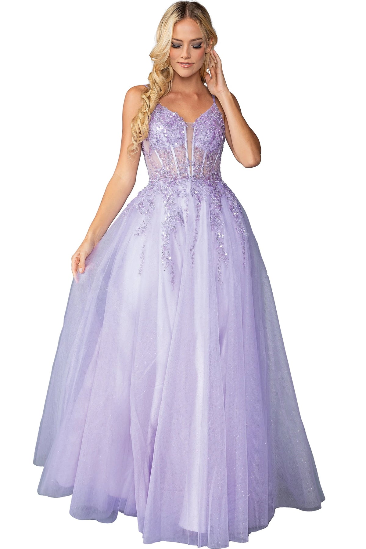Featuring a floor-length skirt, this Lilac prom dress is shown in full view.