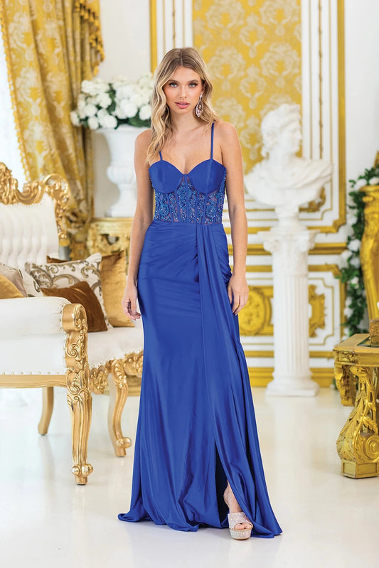 Featuring a floor-length skirt, this Royal Blue prom dress is shown in full view.